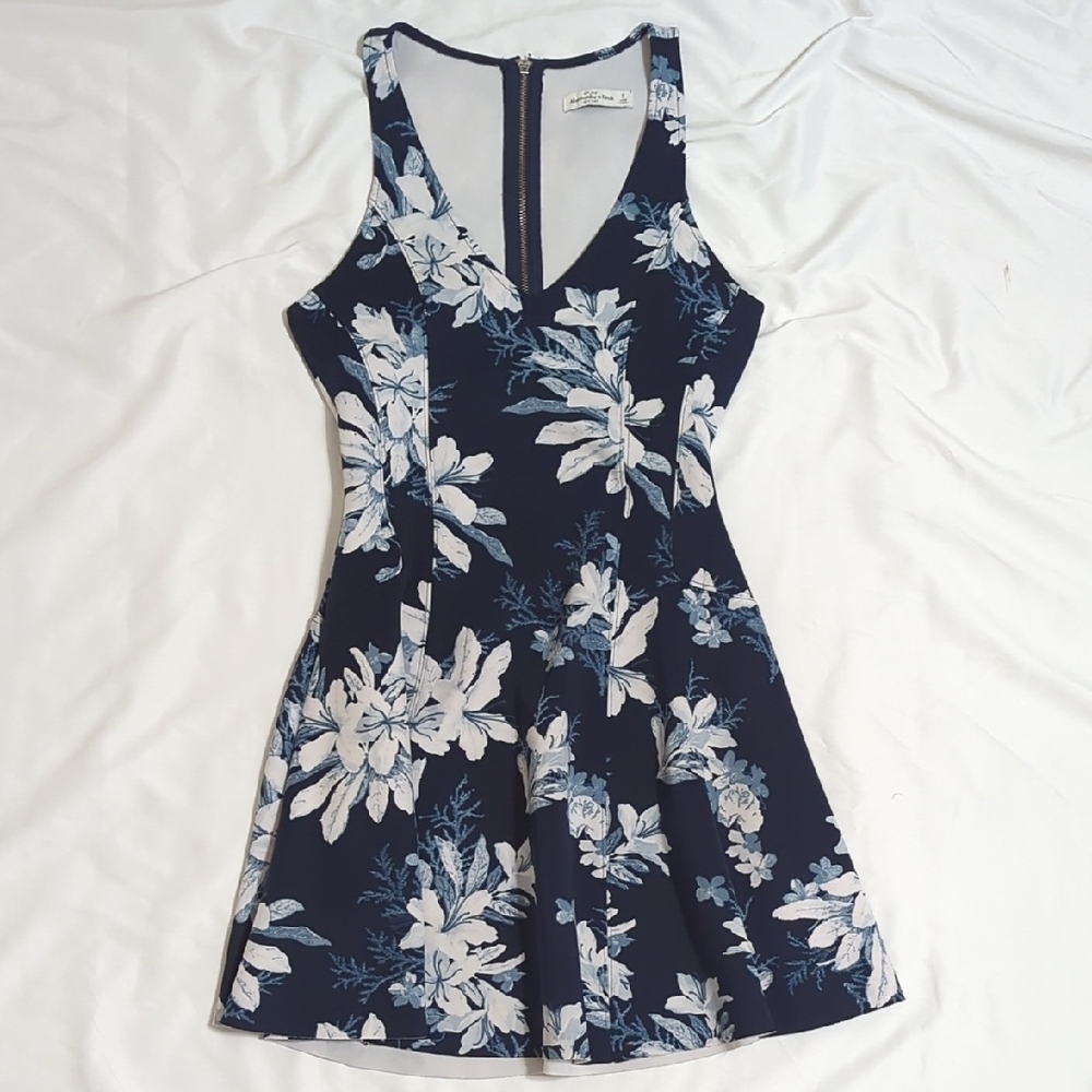 Abercrombie & Fitch V-Neck Fit-and-Flare Dress, Color Blue Floral Size S